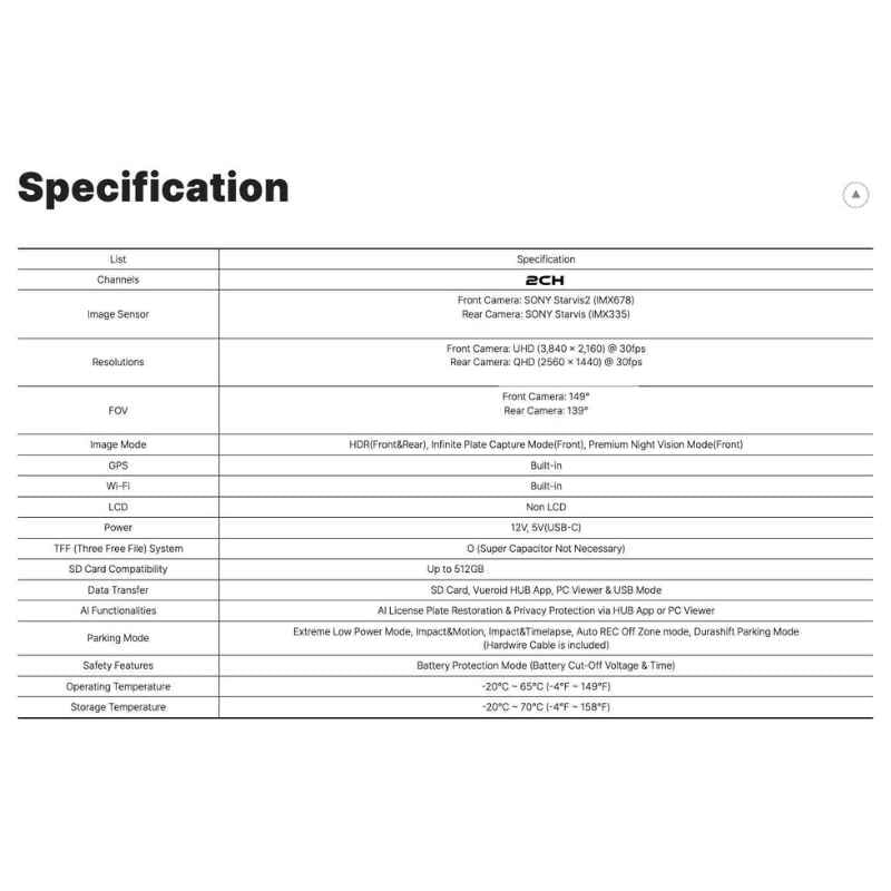 Vueroid D22 4K 2 Channel Dash Cam